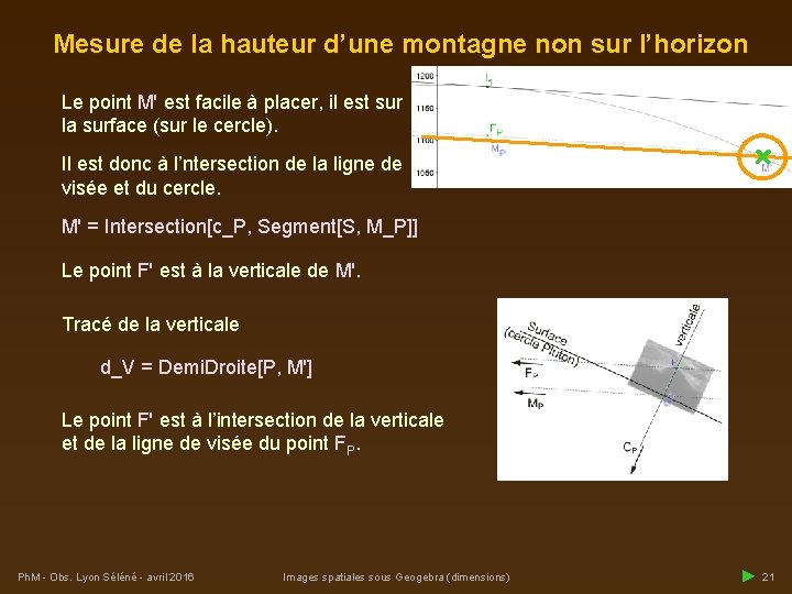 Mesure de la hauteur d’une montagne non sur l’horizon Le point M' est facile