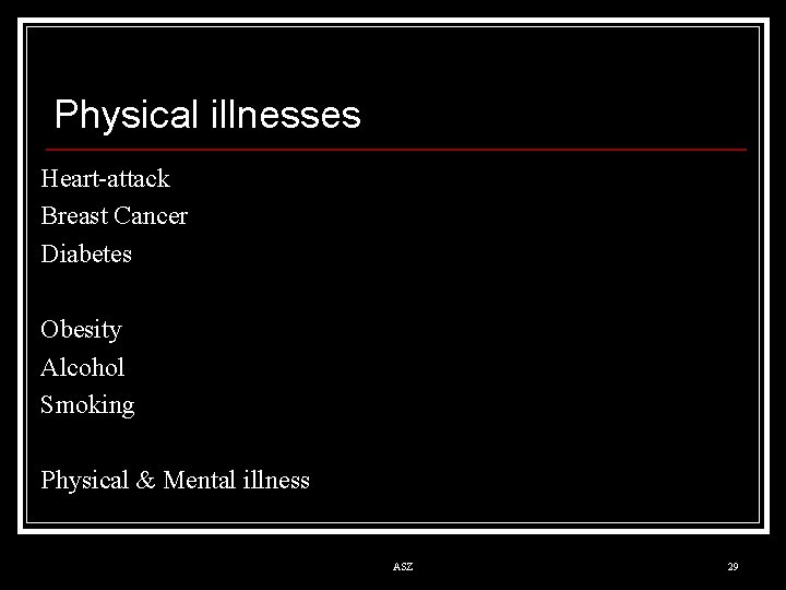 Physical illnesses Heart-attack Breast Cancer Diabetes Obesity Alcohol Smoking Physical & Mental illness ASZ