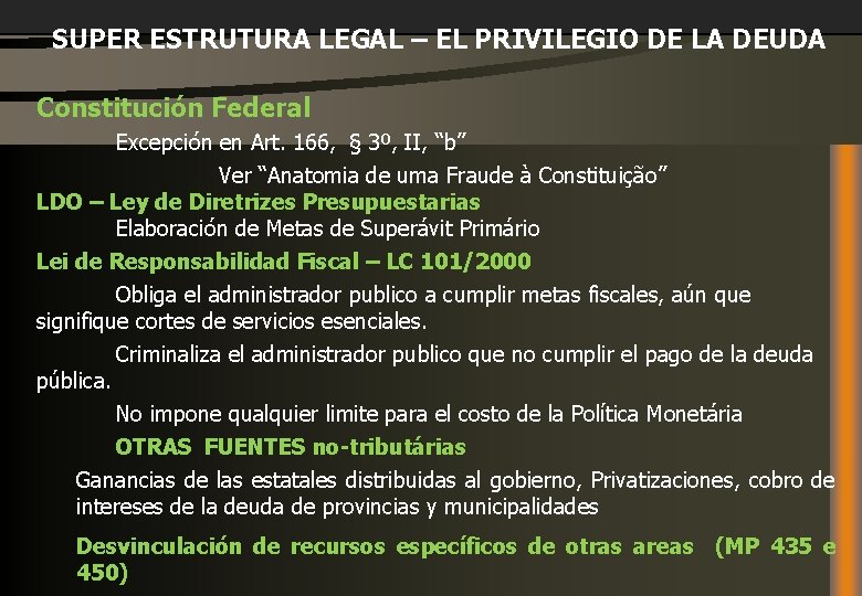 SUPER ESTRUTURA LEGAL – EL PRIVILEGIO DE LA DEUDA Constitución Federal Excepción en Art.