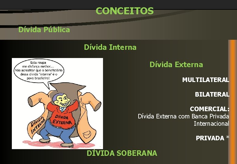  CONCEITOS Dívida Pública Dívida Interna Dívida Externa MULTILATERAL BILATERAL COMERCIAL: Dívida Externa com