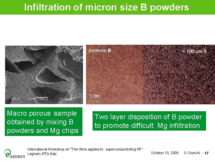 Infiltration of micron size B powders Macro porous sample obtained by mixing B powders