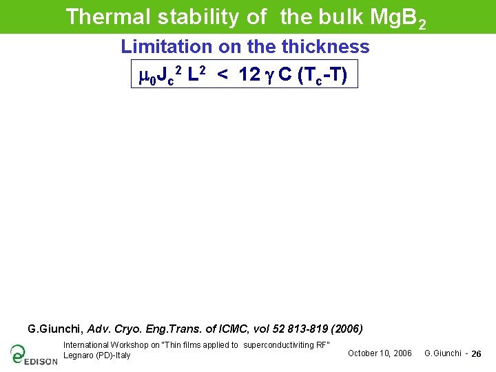 Thermal stability of the bulk Mg. B 2 Limitation on the thickness m 0