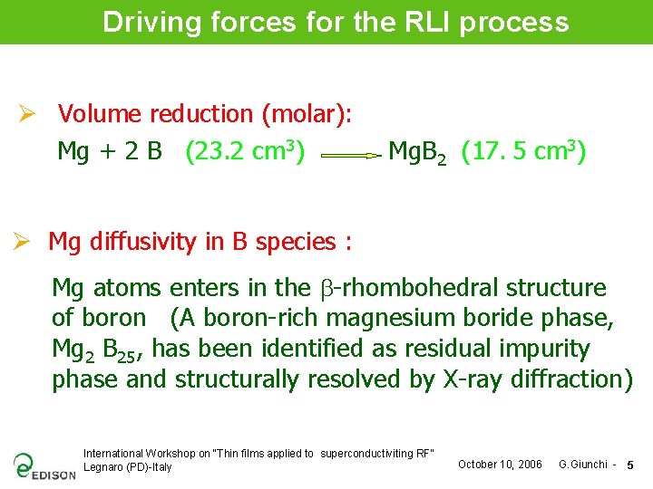 Driving forces for the RLI process Ø Volume reduction (molar): Mg + 2 B