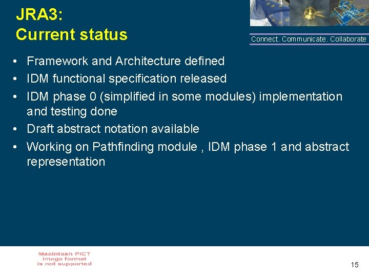 JRA 3: Current status Connect. Communicate. Collaborate • Framework and Architecture defined • IDM