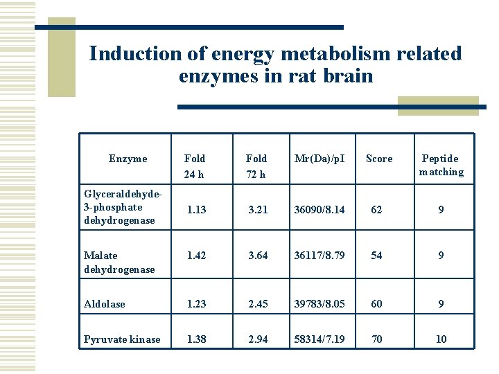 Induction of energy metabolism related enzymes in rat brain Enzyme Fold 24 h Fold