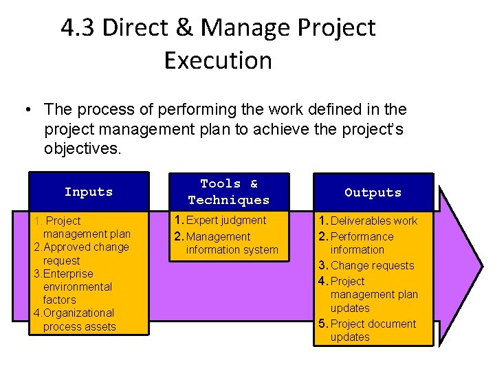 4. 3 Direct & Manage Project Execution • The process of performing the work