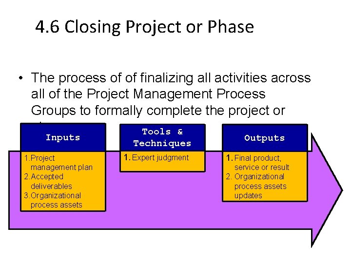 4. 6 Closing Project or Phase • The process of of finalizing all activities