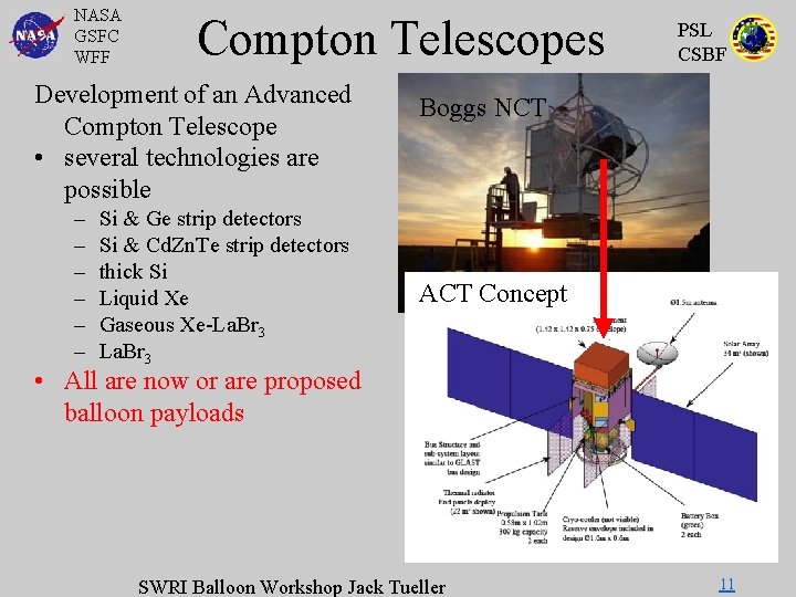 NASA GSFC WFF Compton Telescopes Development of an Advanced Compton Telescope • several technologies