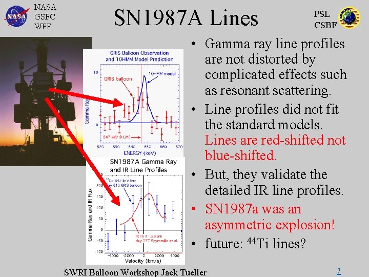 NASA GSFC WFF SN 1987 A Lines PSL CSBF • Gamma ray line profiles