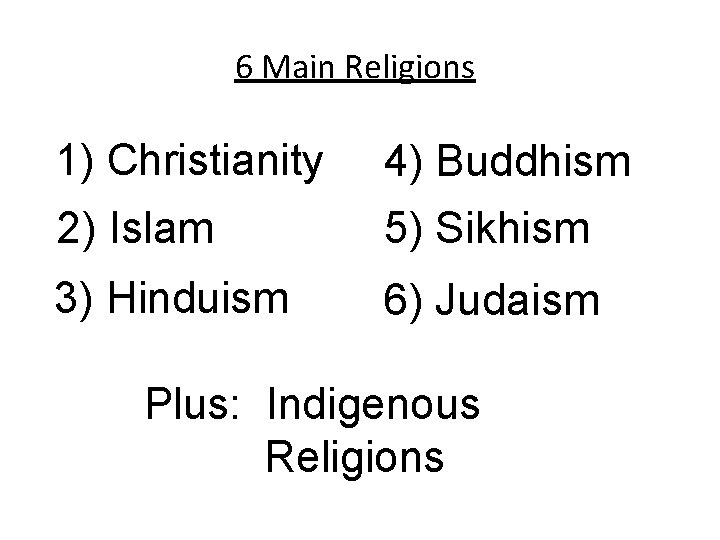 6 Main Religions 1) Christianity 4) Buddhism 2) Islam 5) Sikhism 3) Hinduism 6)