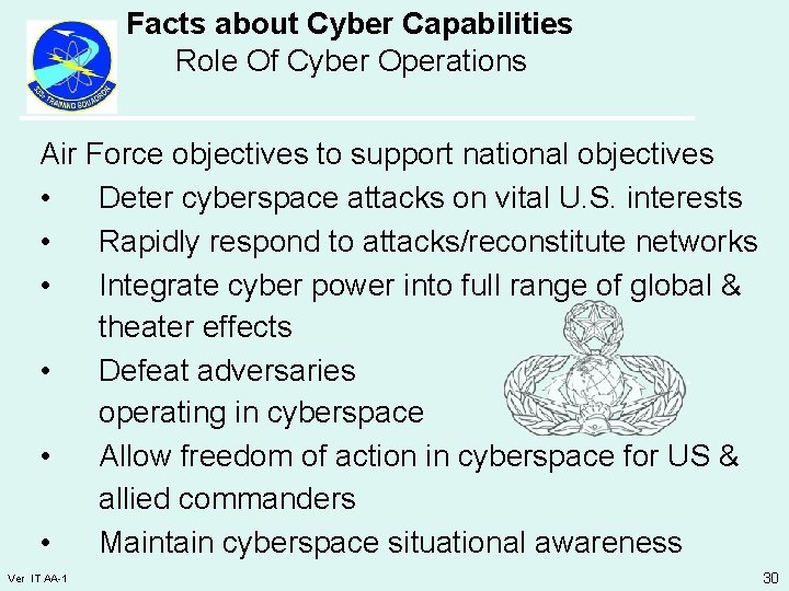 Facts about Cyber Capabilities Role Of Cyber Operations Air Force objectives to support national