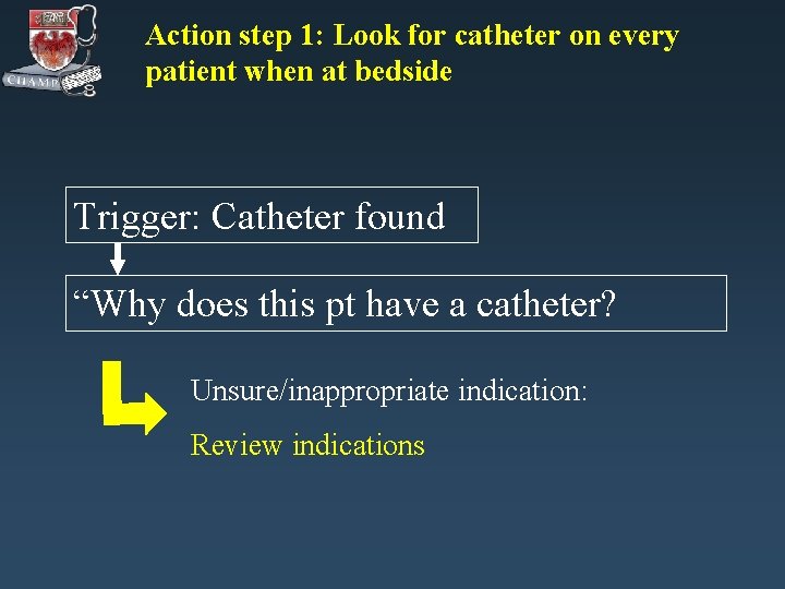 Action step 1: Look for catheter on every patient when at bedside Trigger: Catheter