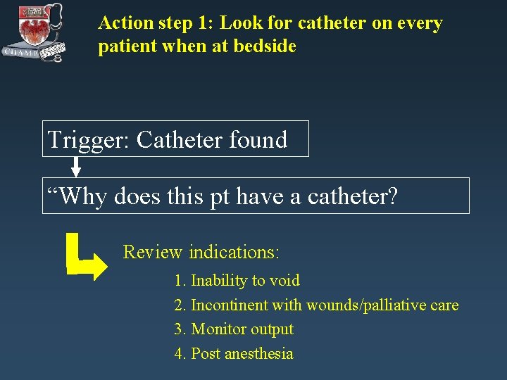 Action step 1: Look for catheter on every patient when at bedside Trigger: Catheter