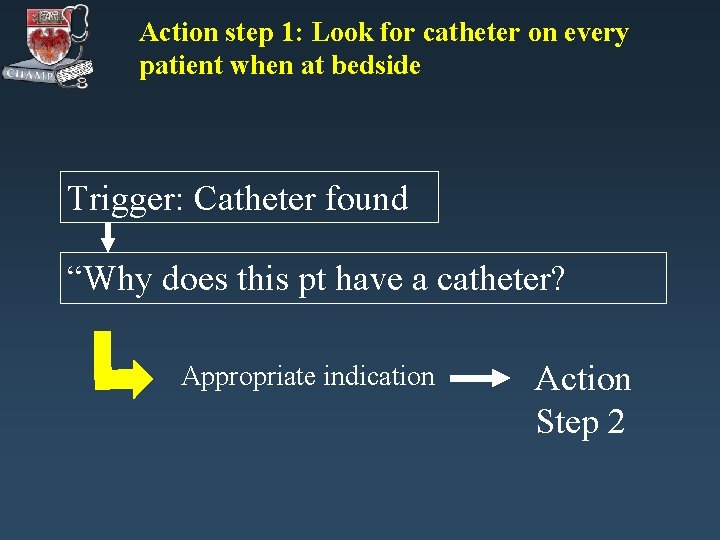 Action step 1: Look for catheter on every patient when at bedside Trigger: Catheter