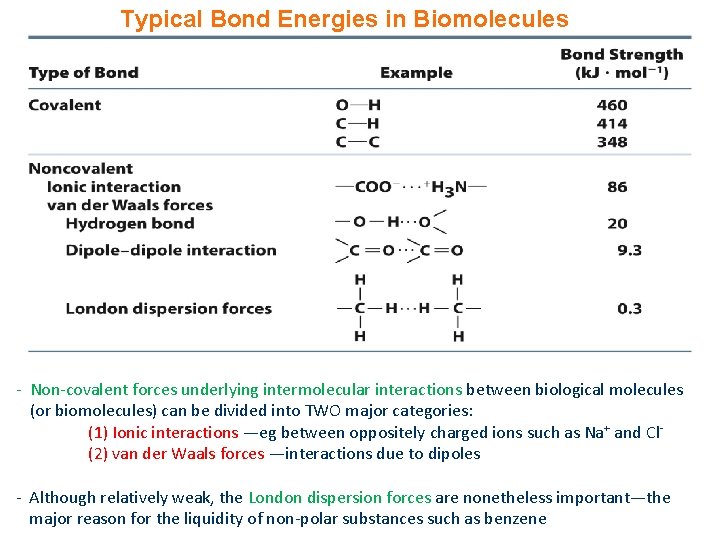 Typical Bond Energies in Biomolecules - Non-covalent forces underlying intermolecular interactions between biological molecules