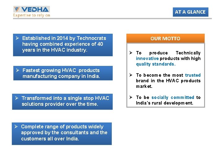 AT A GLANCE Ø Established in 2014 by Technocrats having combined experience of 40