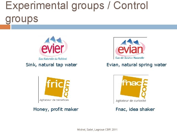 Experimental groups / Control groups Sink, natural tap water Evian, natural spring water Money,