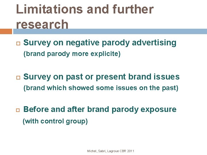 Limitations and further research Survey on negative parody advertising (brand parody more explicite) Survey