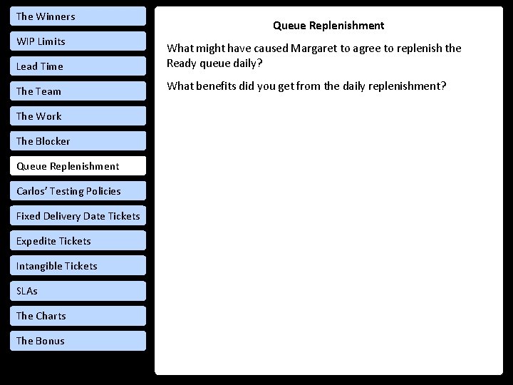 The Winners WIP Limits Queue Replenishment Lead Time What might have caused Margaret to