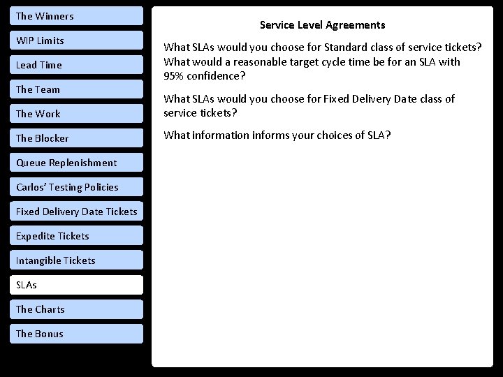 The Winners WIP Limits Lead Time The Team Service Level Agreements What SLAs would