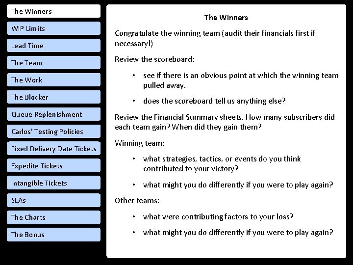 The Winners WIP Limits The Winners Lead Time Congratulate the winning team (audit their