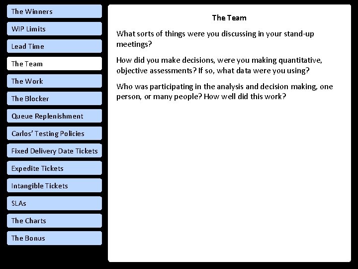 The Winners WIP Limits Lead Time The Team The Work The Blocker Queue Replenishment