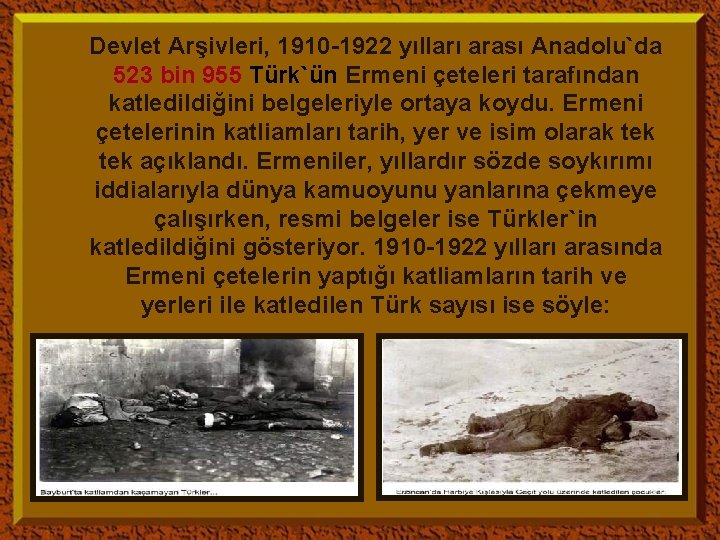 Devlet Arşivleri, 1910 -1922 yılları arası Anadolu`da 523 bin 955 Türk`ün Ermeni çeteleri tarafından