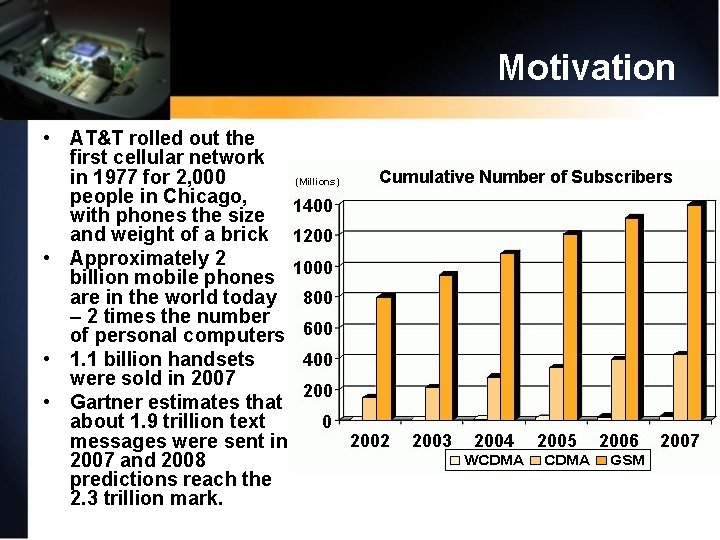 Motivation • AT&T rolled out the first cellular network in 1977 for 2, 000