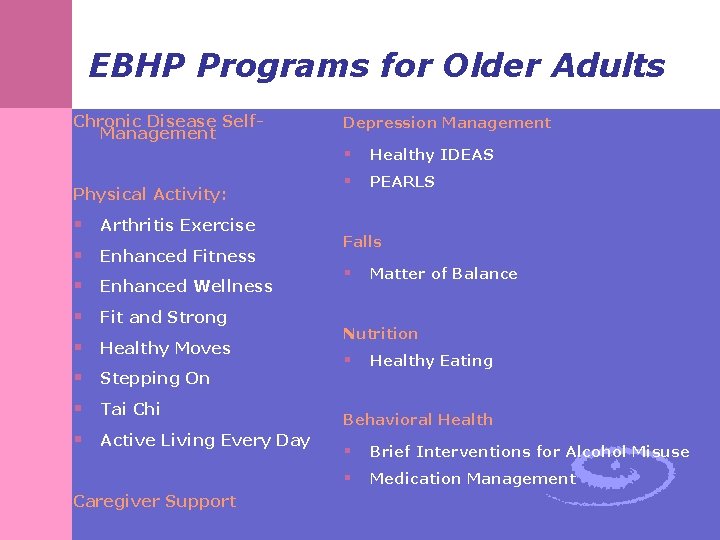 EBHP Programs for Older Adults Chronic Disease Self. Management Physical Activity: § Arthritis Exercise