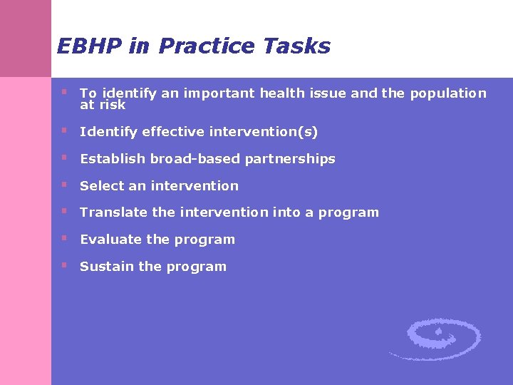 EBHP in Practice Tasks § To identify an important health issue and the population