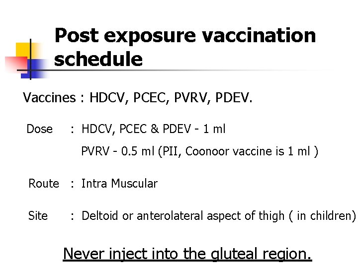 Post exposure vaccination schedule Vaccines : HDCV, PCEC, PVRV, PDEV. Dose : HDCV, PCEC