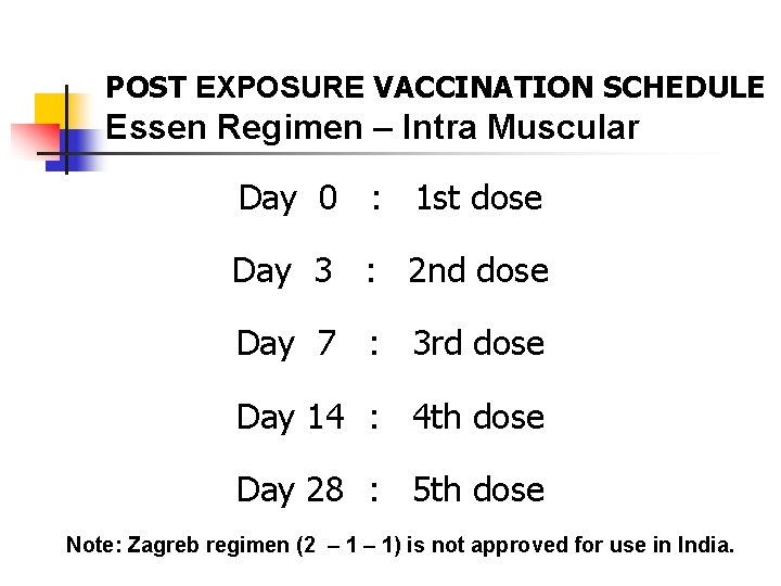 POST EXPOSURE VACCINATION SCHEDULE Essen Regimen – Intra Muscular Day 0 : 1 st