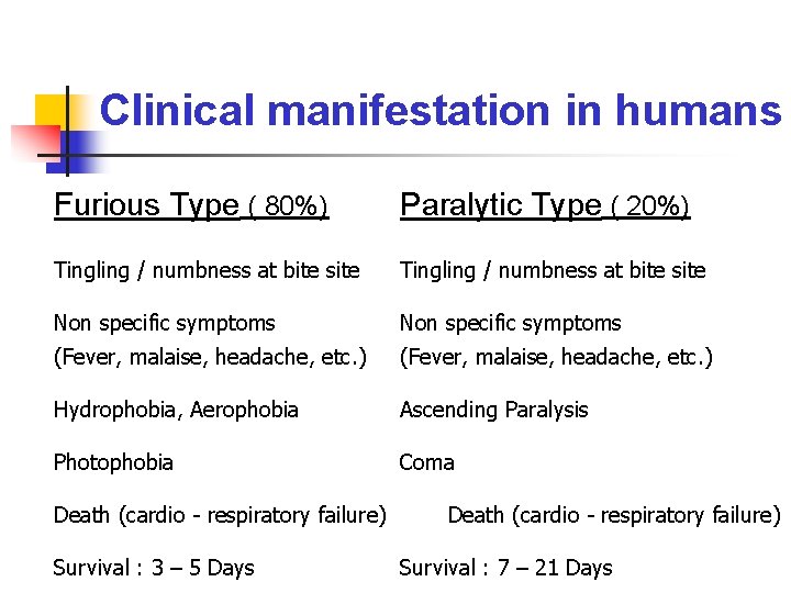 Clinical manifestation in humans Furious Type ( 80%) Paralytic Type ( 20%) Tingling /