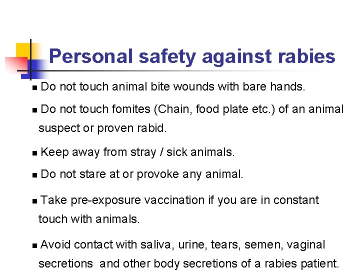 Personal safety against rabies n Do not touch animal bite wounds with bare hands.