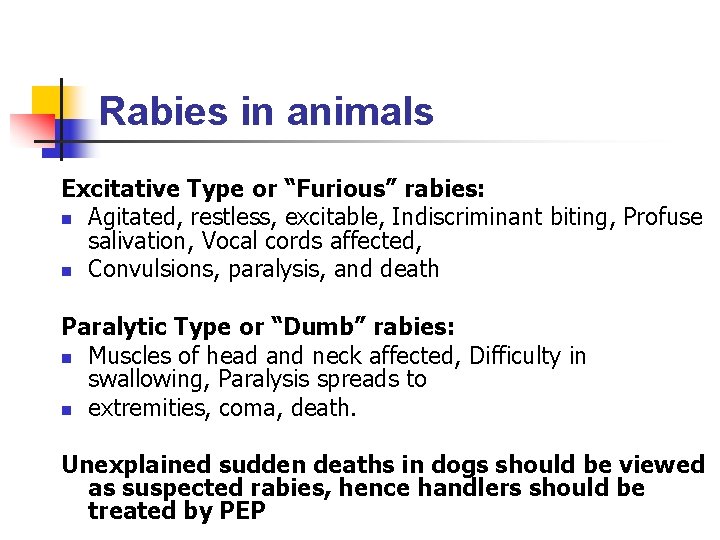 Rabies in animals Excitative Type or “Furious” rabies: n Agitated, restless, excitable, Indiscriminant biting,