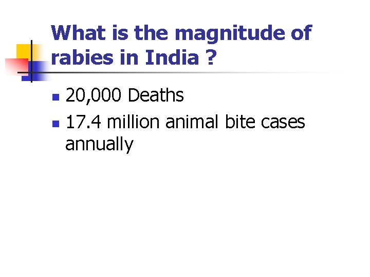 What is the magnitude of rabies in India ? 20, 000 Deaths n 17.