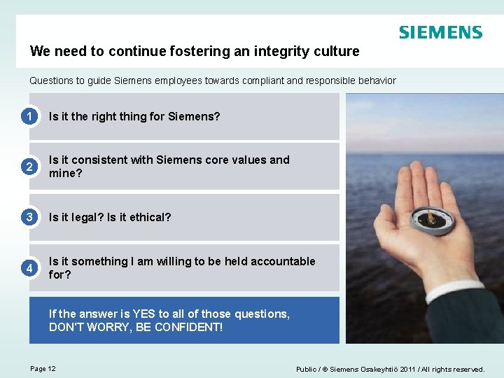 We need to continue fostering an integrity culture Questions to guide Siemens employees towards