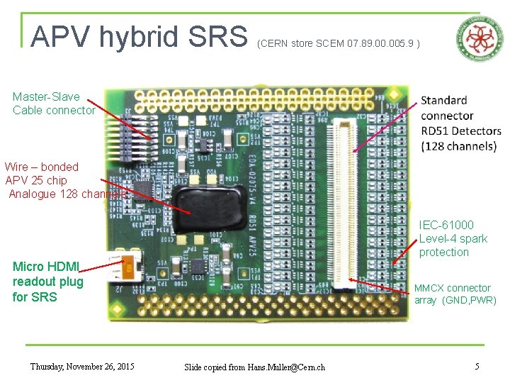 APV hybrid SRS (CERN store SCEM 07. 89. 005. 9 ) Master-Slave Cable connector