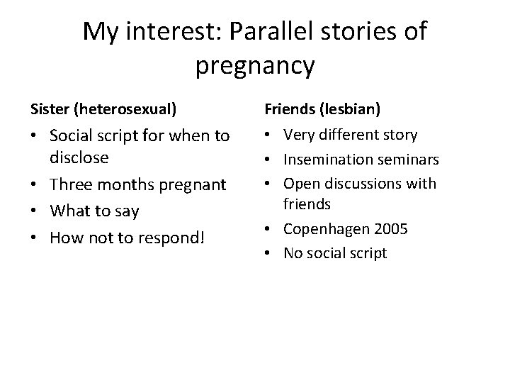 My interest: Parallel stories of pregnancy Sister (heterosexual) Friends (lesbian) • Social script for