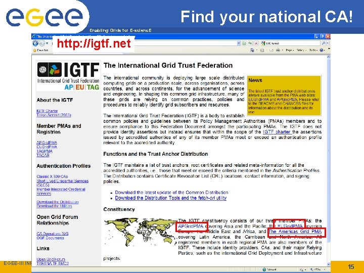 Find your national CA! Enabling Grids for E-scienc. E http: //igtf. net EGEE-III INFSO-RI-222667
