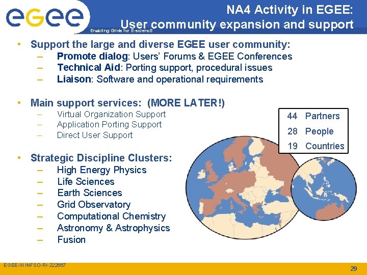 NA 4 Activity in EGEE: User community expansion and support Enabling Grids for E-scienc.