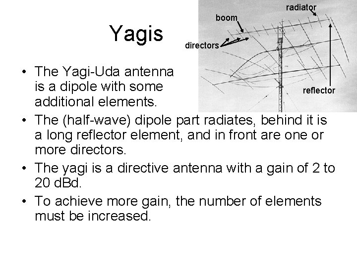 radiator Yagis boom directors • The Yagi-Uda antenna is a dipole with some reflector