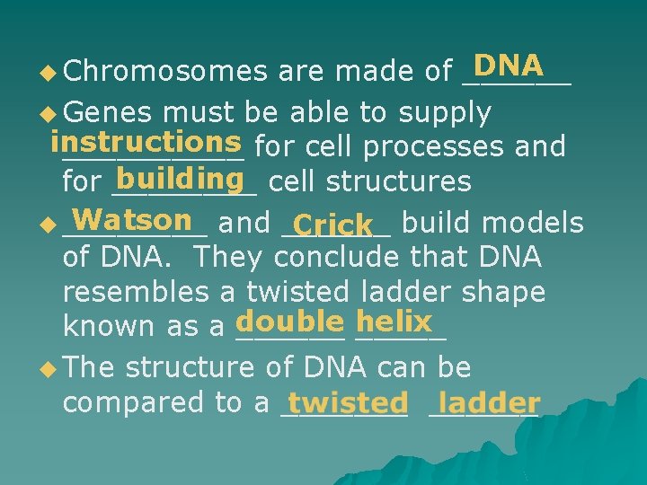 DNA are made of ______ u Genes must be able to supply instructions _____