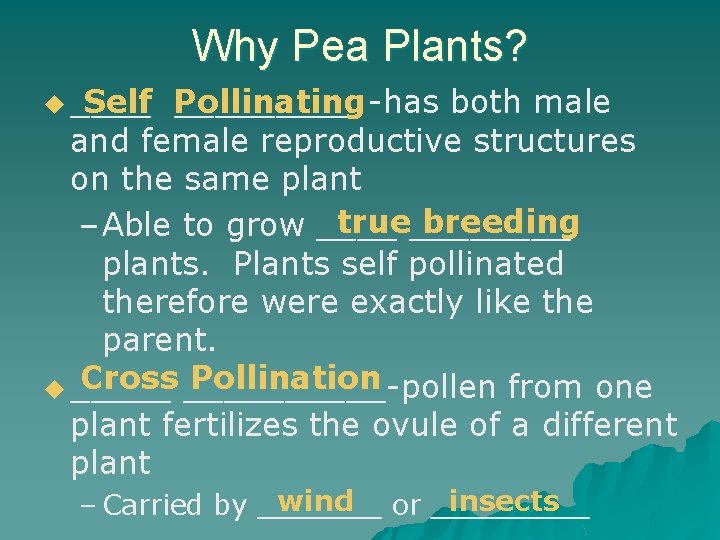 Why Pea Plants? Self u ____ Pollinating _____ -has both male and female reproductive