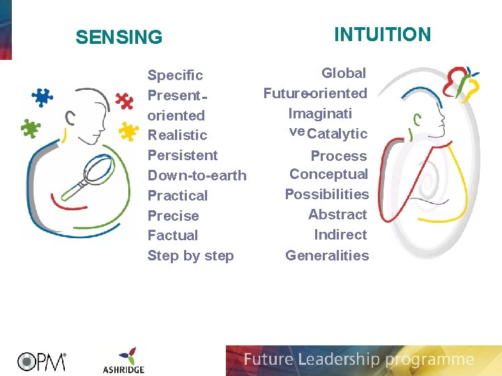 SENSING Specific Presentoriented Realistic Persistent Down-to-earth Practical Precise Factual Step by step INTUITION Global