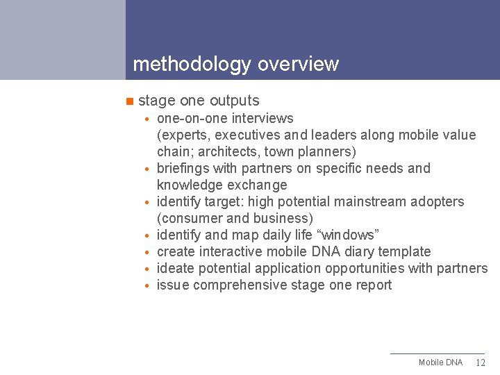 methodology overview n stage one outputs one-on-one interviews (experts, executives and leaders along mobile