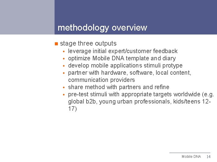 methodology overview n stage three outputs leverage initial expert/customer feedback optimize Mobile DNA template