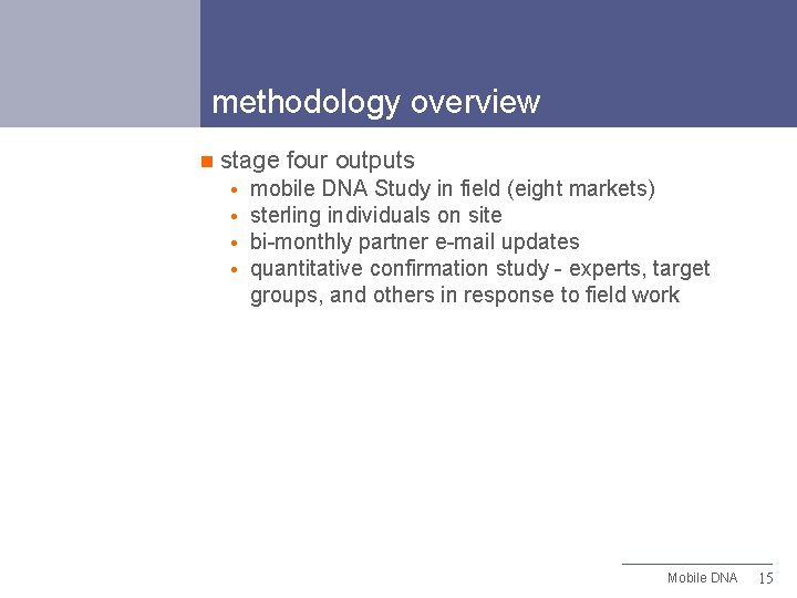 methodology overview n stage four outputs mobile DNA Study in field (eight markets) sterling