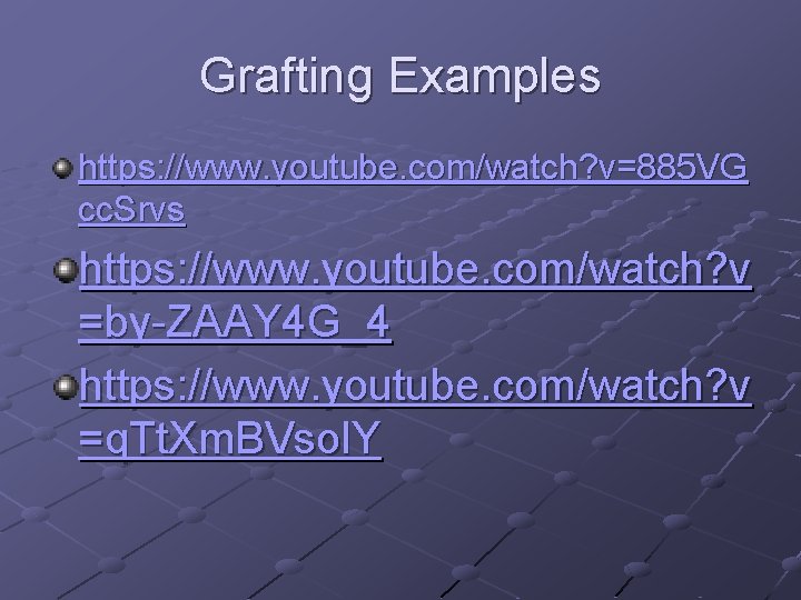 Grafting Examples https: //www. youtube. com/watch? v=885 VG cc. Srvs https: //www. youtube. com/watch?