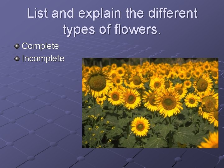 List and explain the different types of flowers. Complete Incomplete 